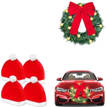 Imagem de Yixin Kit de Chifres de Rena de Natal com Luzes LED, Kit de Chapéu de Papai Noel de Carro Cauda de Nariz Top Bell Guirlanda de Natal com Arco de Luz de LED Decorações de Natal Carro Exterior SUV (Vermelho-9pcs)