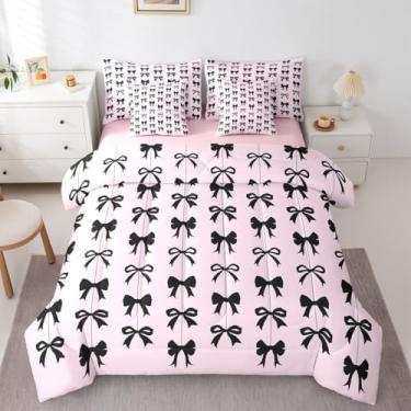 Imagem de Erosebridal Jogo de cama casal com gravata borboleta rosa e preta, 7 peças, lindo conjunto de edredom com nó de laço, lençol de cima para meninas e crianças, para meninas e crianças, lençol de cima