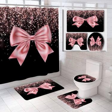 Imagem de Conjunto de cortinas de chuveiro Pink Bow Glitter com tapete de banho e tapetes