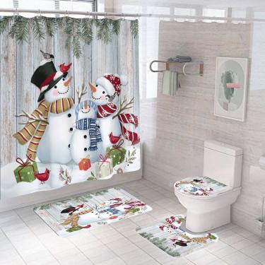 Imagem de Conjunto de cortinas de chuveiro impermeável para banheiro, boneco de neve, inverno, 4 peças