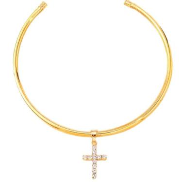 Imagem de Cykdohy Colar feminino com pingente de cruz e punho redondo brilhante com strass, aberto, clavícula, ajustável, gargantilha crucifixa, berloque, moda, fantasia, joias, presentes cristãos, moderno