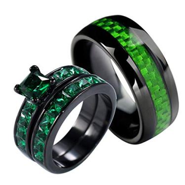 Imagem de ringheart 2 anéis para ele e ela anéis de casal corte princesa 6 mm verde CZ conjuntos de alianças de casamento femininas tungstênio masculino alianças de casamento, women size6 & men size11, Metal