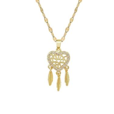 Imagem de Dtja Colar com pingente de apanhador de sonhos de coração de cristal para mulheres CZ Love Hearted Leaf Charms Link Chain Colares ajustáveis Boho Aniversário Casamento Valentine Jewelry 45,7 cm