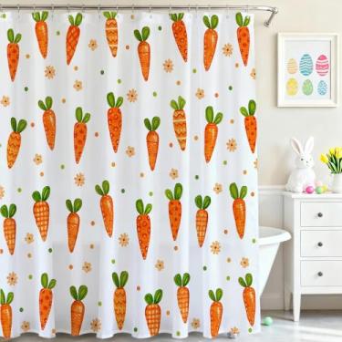 Imagem de Mocsicka Cortina de chuveiro de cenoura de páscoa linda cenoura floral cortina de chuveiro de tecido impermeável primavera Páscoa cortina de chuveiro decoração de banheira com 12 ganchos 182 x 182