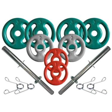 Imagem de Kit com Barras de Halteres e Anilhas Emborrachadas - 18 Kg-Unissex