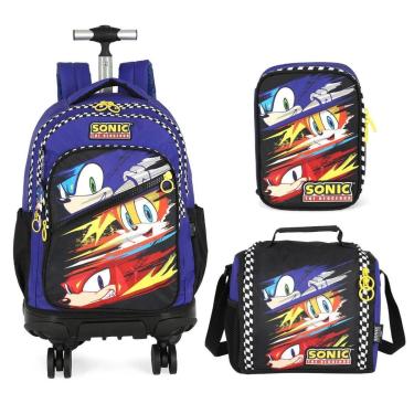 Imagem de Kit Mochila 4 Rodas Lancheira Estojo Grande Espaçosa Sonic-Masculino