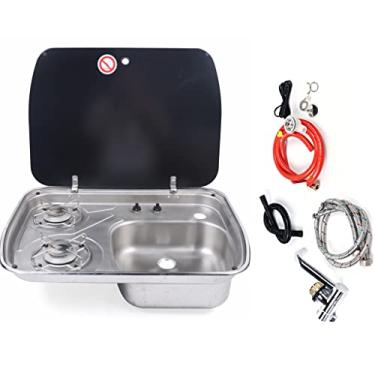 Imagem de Combinação de pia de fogão a gás RV com torneira e tampa, fogão a gás de pia de campista 2 queimadores GLP Cooktop barco caravana Fogão de acampamento inoxidável Pia de cozinha externa RV Fogão de pia