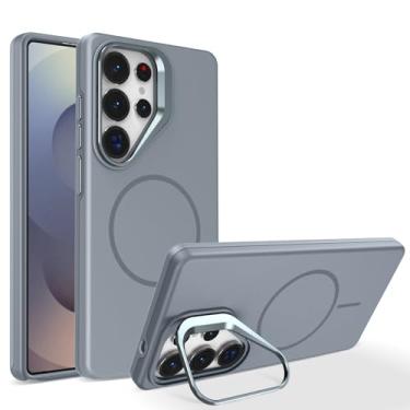 Imagem de POYUFRG Capa magnética para Samsung Galaxy S26 Ultra/S26 Plus/S26, capa antidigitais fosca fina com proteção de lente de metal, capa de suporte, cinza, S26