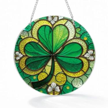 Imagem de Captador de sol irlandês de acrílico para pendurar na janela, enfeites de Natal para decoração de árvores, decoração de trevo verde, decoração de casa de trevo interno, decoração de jardim ao ar livre