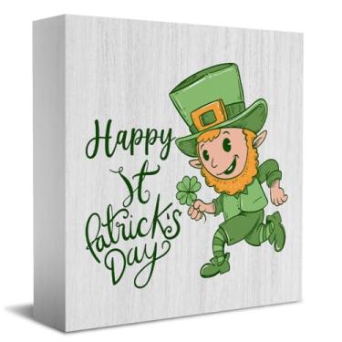 Imagem de Decoração do Dia de São Patrício Have Yourself A MERRY St. Patrick's Day, sinal de caixa, trevo da sorte verde moedas de ouro de elfo, decoração de mesa, para amigos, colegas e familiares, enfeite de