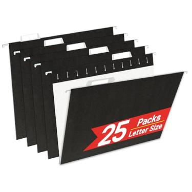 Imagem de Pastas de arquivo pretas para pendurar, 25 pacotes de pasta de arquivo tamanho carta, projetada para arquivos volumosos, armário de arquivo, 1/5 abas ajustáveis para escritório, escola, casa