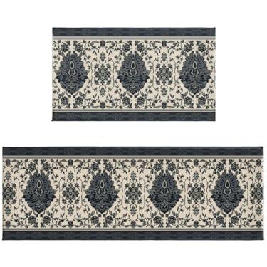 Imagem de Tapetes de cozinha boho azuis empoeirados para o chão, conjunto de 2 tapetes de cozinha estilo boêmio, vintage, floral, rústico, decorativo, antiderrapante, lavável, absorvente, tapetes de cozinha