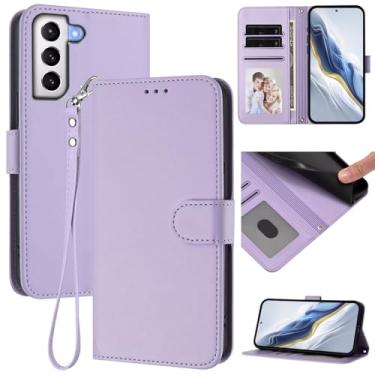 Imagem de Capa carteira para Samsung Galaxy S21, capa fina de couro com compartimentos para cartões, alça de pulso e suporte, capa protetora à prova de choque para homens e mulheres (roxo claro)