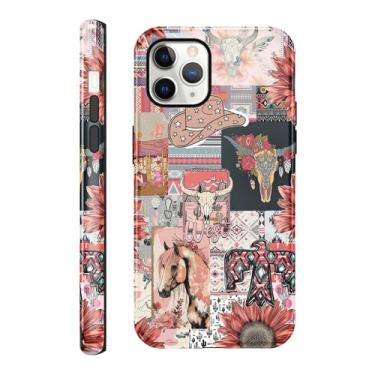 Imagem de Vulfwela Capa de telefone para iPhone 11 Pro 5,8 polegadas Western Boho Collage, 2 em 1, vintage, rosa, chapéu de caubói cavalos, cabeça de touro, floral, capa de telefone country oeste, à prova de