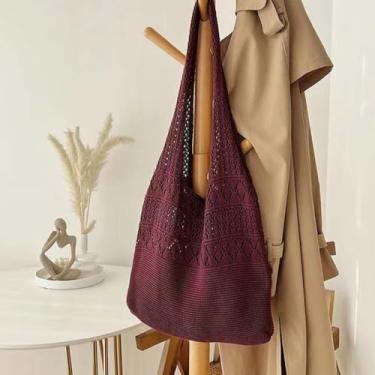 Imagem de Bolsa de palha de compras leve moderna vazada bolsa de praia de verão impressa bolsa sacola de tecido (vinho vermelho)