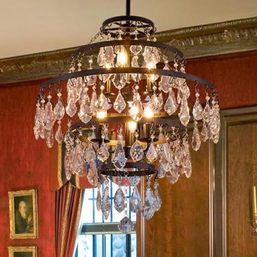 Imagem de TOCHIC Lustre de cristal 63,5 cm D, 6 luzes de fazenda grande preto moderno lustres pendentes ajustáveis para sala de estar, sala de jantar, cozinha, quarto, entrada, escada