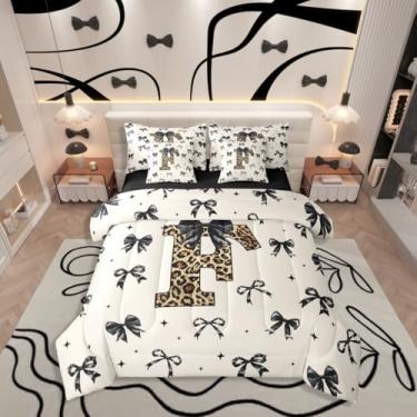 Imagem de Jogo de cama casal com letra F com estampa de leopardo, 7 peças, conjunto de cama com laço kawaii, preto, inclui edredom, conjunto de lençol, fronhas e fronhas, monograma de guepardo