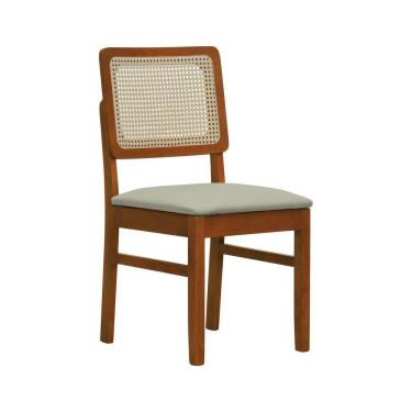 Imagem de Cadeira Lyon Madeira Maciça Encosto Telinha Natural - Amêndoa Assento Estofado Linho Bege