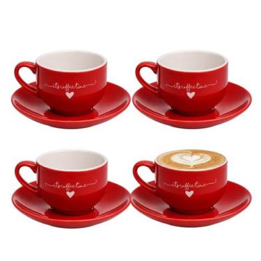 Imagem de Jogo 4 Xícara de Chá Cappuccino de Porcelana 160ml Vermelha Coração La