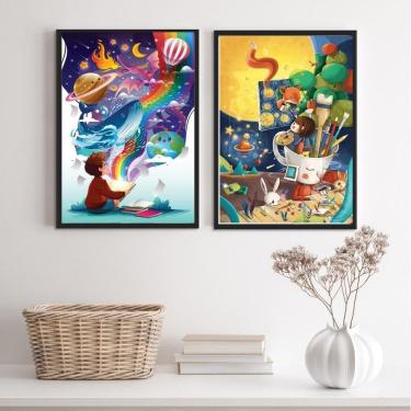 Imagem de Kit 2 Quadros Infantis Mundo Imaginação 33x24cm - Vidro e Moldura Preta