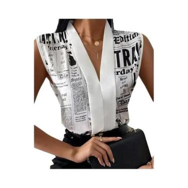 Imagem de Blusa sem mangas decote v feminino, top estampado, streetwear elegante