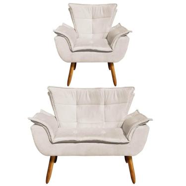Imagem de Kit Namoradeira 2 Lugares E 1 Poltrona Decorativa Pés Palito Opla Suede Bege - Ibiza