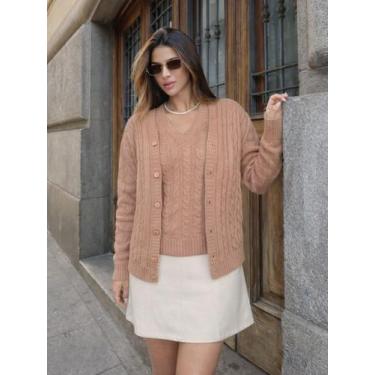 Imagem de Conjunto Feminino Casaco e Blusa Twinset Tricot Malha Inverno Decote e
