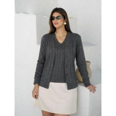 Imagem de Conjunto Feminino Casaco e Blusa Twinset Tricot Malha Inverno Decote e