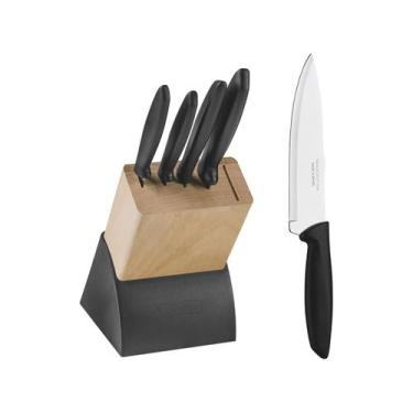 Imagem de Jogo de Facas Tramontina Plenus Inox Suporte Madeira 6 Pçs, Preto, 6, 