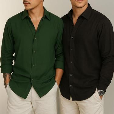 Imagem de Kit 2 Camisa de Linho Manga Longa Masculina Social Confortável Casual 