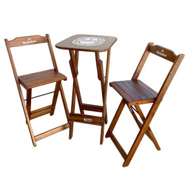 Imagem de Kit Mesa Bistrô Com 2 Banquetas Dobráveis Hei Madeira Maciça Assento Madeira Marrom Tar...