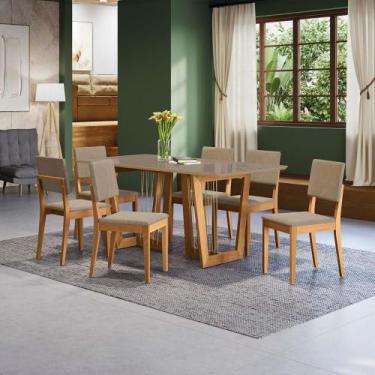 Imagem de Conjunto Sala de Jantar Dora em Madeira Maciça 6 Cadeiras Linho Fendi 