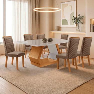 Imagem de Mesa de Jantar Alvorada 180cm Tampo MDF Vidro Canto Copo com 6 Cadeira
