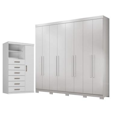 Imagem de Guarda Roupa Casal Master New 8 Portas de Bater 4 Gavetas MDP com Pés Cômoda 1 Porta 6 Gavetas Branco Brilho Santos