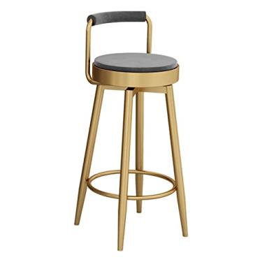 Imagem de Banco Alto Cinza, Banco Alto com Ilha de Metal com Encosto, Cadeira Estofada com Estrutura Dourada, Cozinha Doméstica, Bistrô, Cadeira para Sala de Jantar, Altura: 65 Cm
