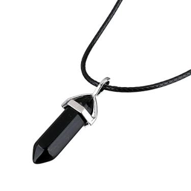Imagem de Colar hexagonal de ponta dupla preta com pingente de bala obsidiana natural Reiki, pingente de pedra de cristal de chacra, joia para homens e mulheres SX058