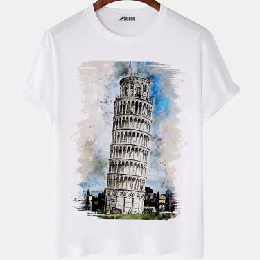 Imagem de Camiseta masculina Torre Inclinada De Pizza Watercolor Camisa Blusa Branca Estampada