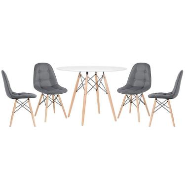 Imagem de KIT - Mesa redonda Eames 100 cm branco + 4 cadeiras estofadas Eiffel Botonê