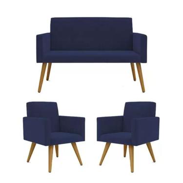Imagem de Conjunto 2 Poltronas 1 Namoradeira Pés Palito Azul Marinho