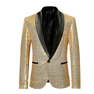 Imagem de Blazer Slim-Fit Lantejoulas Glitter Terno Jaqueta Masculina Boate Baile Casaco de Formatura Roupas de Palco Para Cantores Um Botão Tops de Festa de Casamento, Ouro, M (Busto: 106cm)