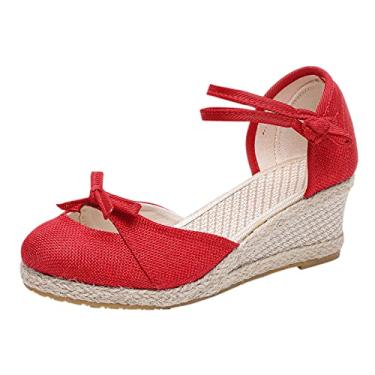 Imagem de Sandálias femininas de tecido de algodão espadrille plataforma verão trançado respirável sandálias de dedo redondo confortável praia (vermelho, 9)