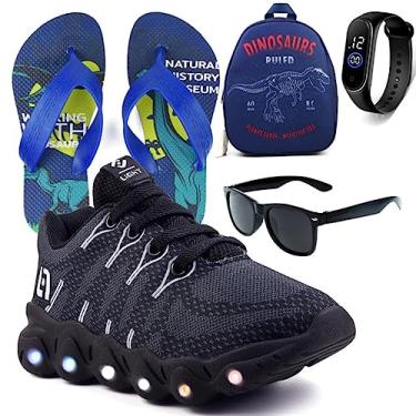Imagem de Tenis Infantil De Led Meninos Calce Facil Desenhos Luzinha LIGHT + Mochila Chinelo Oculos Relogio Cor:Preto;Tamanho:32