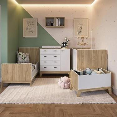 Imagem de Completa Móveis Quarto de Bebê Gêmeos 2 Berços 3 em 1 Cômoda 4 Gavetas 1 Porta Caixa Brinquedos Livros 2 Nichos Parede Simples Favo de Mel Branco