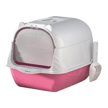 Imagem de Generic Caixa de areia para gatos com capuz, comadre para banheiro para gatos, recipiente portátil, bandeja de areia para gatinhos, pedal oco com porta, ROSA