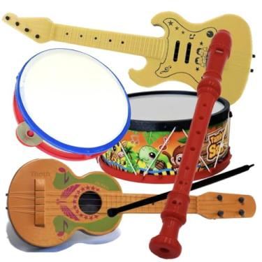Imagem de Kit 5 Instrumentos Infantil Violão Pandeiro Flauta Tambor Brinquedo