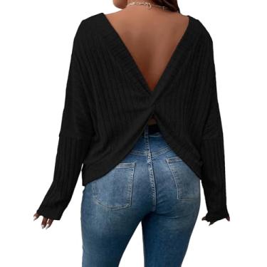 Imagem de COZYEASE Camiseta feminina plus size cruzada nas costas torcidas gola V manga longa canelada malha frente única, Preto, X-Large Plus