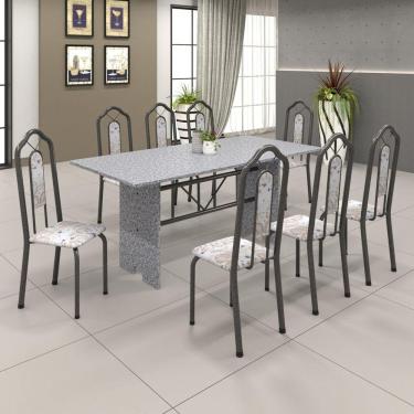 Imagem de Conjunto de Mesa 180x75cm Tampo Granito com 8 Cadeiras Bianca Soma Móveis Martelado Prata/Ocre/Botanic Bege