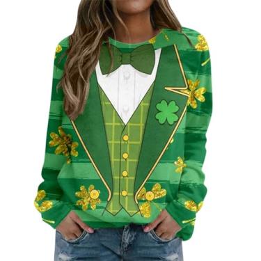 Imagem de Camiseta feminina de manga comprida com estampa de bandeira irlandesa americana verde e manga raglan, Cinza, XXG