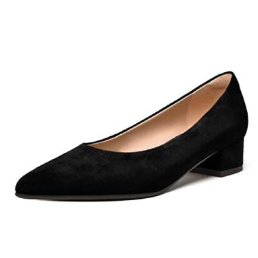 Imagem de FEMSTEP Sapato feminino sem cadarço, bico fino, camurça, couro, escritório, casual, grosso, salto baixo, 3,8 cm, Preto, 38