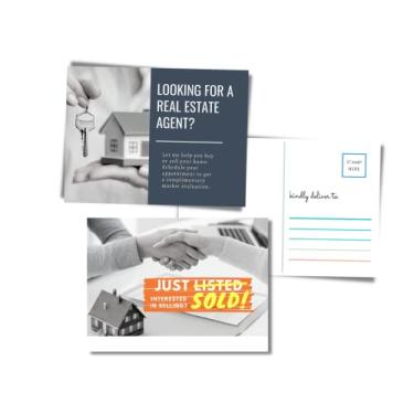 Imagem de Pacote com 50 cartões postais de marketing imobiliário | Impulsionador de clientes de marketing de mala direta: Procurando um corretor de imóveis? e interessado em vender | Pacote de 2 designs |